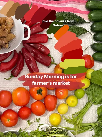 A Sunday morning trip to the farmer's market is a color-hunting expedition for me. I see a palette of natural paints in the vibrant reds of tomatoes, the greens of cucumbers, and the yellows of lemons.
