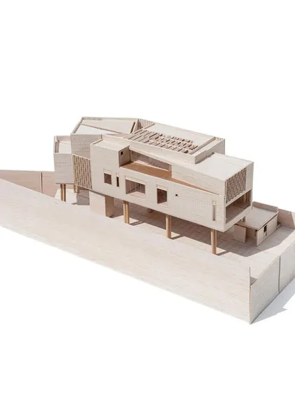 A view of the complete model for Office A, showcasing the building's complex form, textured facades, and rooftop pergolas.