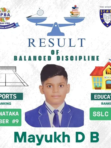 Celebrating Mayukh D B's dual achievement. He is ranked #9 in Karnataka for his age group and successfully cleared his SSLC exams with 70%, demonstrating the effectiveness of our student-athlete program.