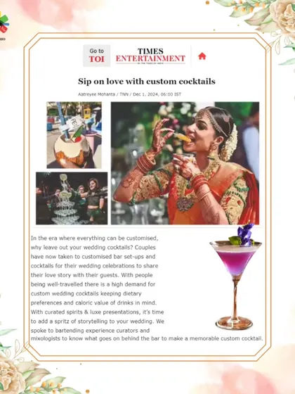 The cover of the Times Entertainment article, "Sip on love with custom cocktails," which featured our insights on creating memorable wedding cocktail experiences.