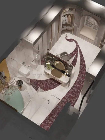 An overhead view of the grand dressing room, showing the seamless flow from the bathtub area to the walk-in closet, all connected by the stunning peacock floor inlay.