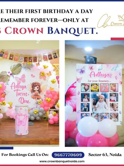 A personalized touch for a first birthday. This butterfly-themed decor includes a custom photo board showcasing the baby's first year journey, adding a sentimental and unique element to the celebration.