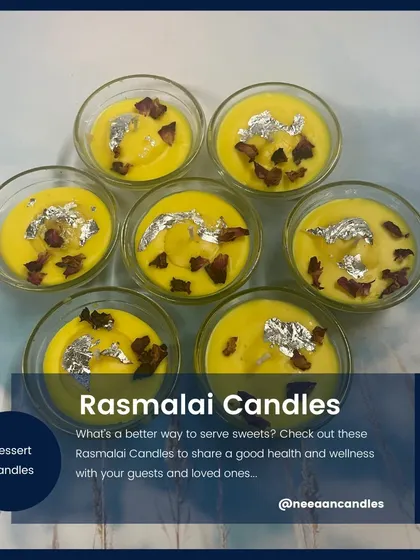 Inspired by another one of my favorite sweets, these Rasmalai candles are set in small glass bowls. We top them with dried rose petals and a touch of silver vark to make them look truly authentic and delicious.