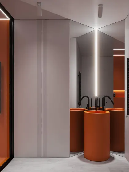 A visualization of a modern bathroom with a bold orange pedestal sink and minimalist black fixtures.