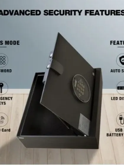 An overview of the advanced security features of the cabinet safe, such as its multiple access modes, auto-secure function, and USB port for battery backup.