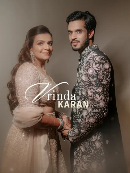 A beautifully branded portrait of Vrinda and Karan from their engagement, perfect for sharing their happy news with the world.
