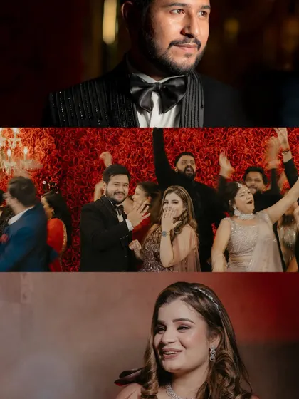 A collage capturing the vibe of the engagement party, from stylish groom portraits to candid moments of the couple dancing and celebrating with guests.