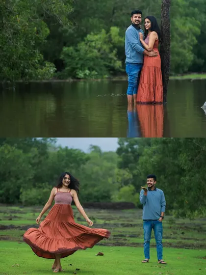 A collage from a pre-wedding shoot, showing the couple interacting naturally in and around the water. It showcases the variety of shots we can get in one location.