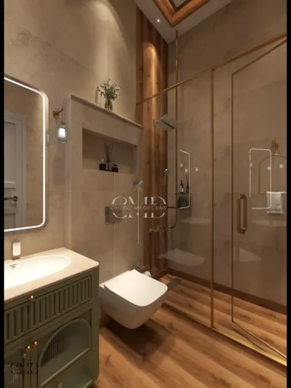 This spa-inspired bathroom in the Noida penthouse uses organic textures, warm wood, and soft lighting to create a serene retreat.
