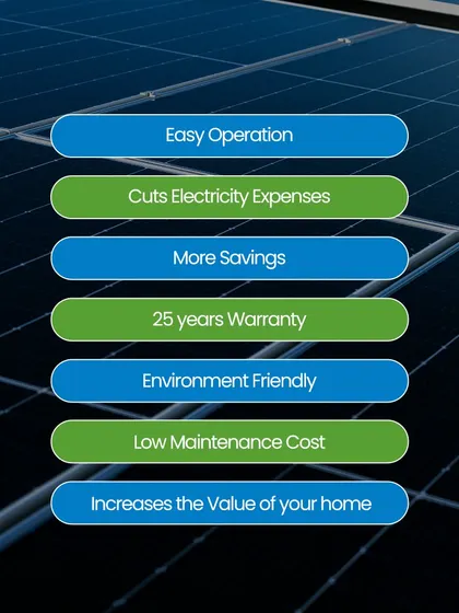 This list details the many benefits of going solar, including easy operation, lower electricity expenses, more savings, a 25-year warranty, and an increase in the value of your home.