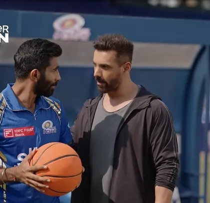 John Abraham and Jasprit Bumrah sharing a moment on the set of the Garnier Men commercial. I styled them in athletic wear that suited their roles in the ad.