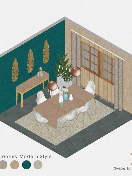 An isometric 3D view of a Mid-Century Modern dining room. This type of visualization is a great tool for understanding spatial arrangement and how different design elements come together.