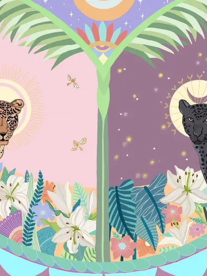 A detailed close-up of the central part of a wedding invite, illustrating a day and night theme. On one side, a leopard sits in a sunlit floral scene, while on the other, a black panther is surrounded by the magic of a starry night, symbolizing the couple's two distinct personalities coming together.