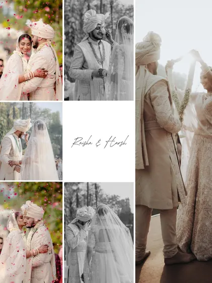 A collage capturing the key moments of an all-white themed wedding, from the emotional first look to the Varmala exchange.