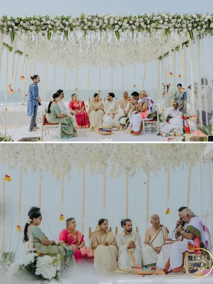 Another view of the serene beach wedding ceremony, with family members participating in the rituals.