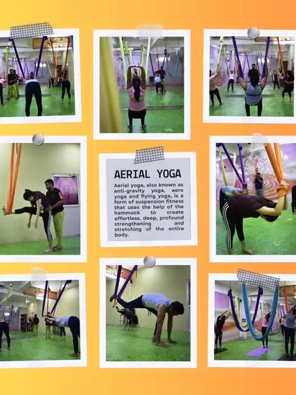 A collage showcasing the variety of our aerial yoga classes. From instructor-assisted stretches to challenging inversions, this gives you a snapshot of the supportive and dynamic environment we've created.