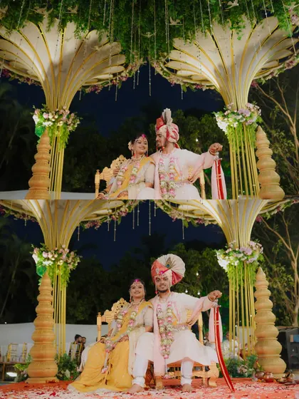The couple seated on the wedding stage, framed by magnificent decor. This shot highlights the grandeur of the ceremony and the regal presence of the bride and groom.