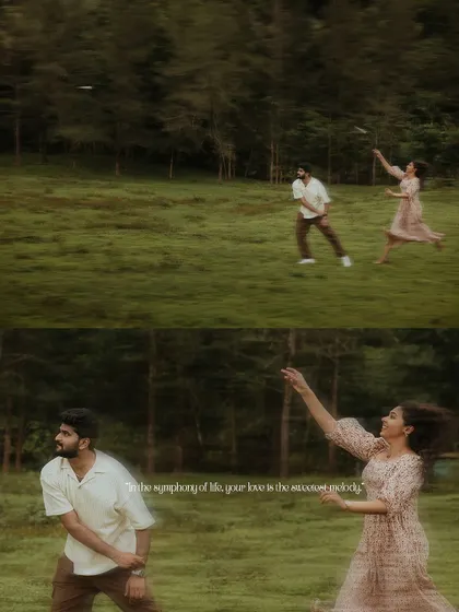 A collage of a couple playing with paper airplanes in a field, capturing their playful and dreamy pre-wedding moments.