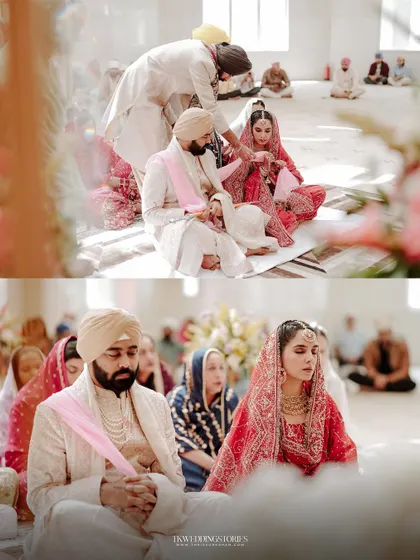 A collage of the Anand Karaj, the Sikh wedding ceremony, showing the couple seated before the Guru Granth Sahib.