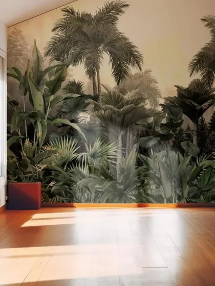 A dense, realistic jungle mural that creates an immersive feeling of being in a lush, green forest.