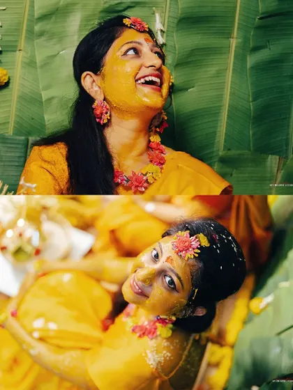 Two moments in one: the bride's joyful laugh and a sweet, smiling portrait, both capturing the happiness of the day.