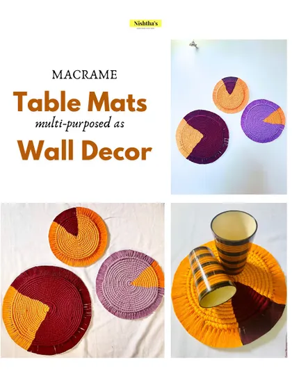 These multi-purpose macrame table mats show how you can play with color and function. Use them on your dining table or hang them on the wall for a pop of boho art. The color-blocked design is modern and fully customizable.