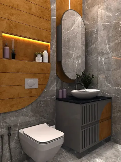 A close-up of the vanity area, which features a grey grooved cabinet with wood-toned accents and an oval LED mirror.
