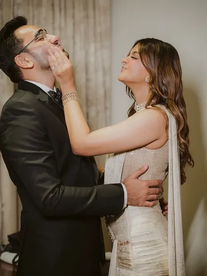 A playful and fun moment from an engagement shoot. It's not just about the makeup, it's about creating a space where couples can be themselves.