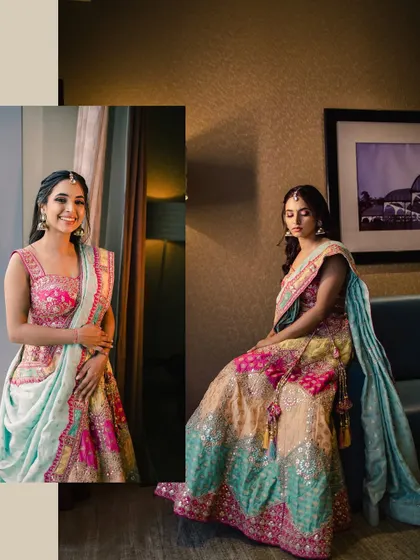 A collage of Vidushi's mehendi look. She looks radiant and happy, ready to celebrate with friends and family.