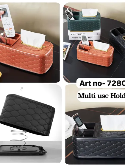 Our multi-use holder combines a leather-look tissue box with compartments for remotes, phones, or stationery. It's a stylish way to organize your coffee table or nightstand.