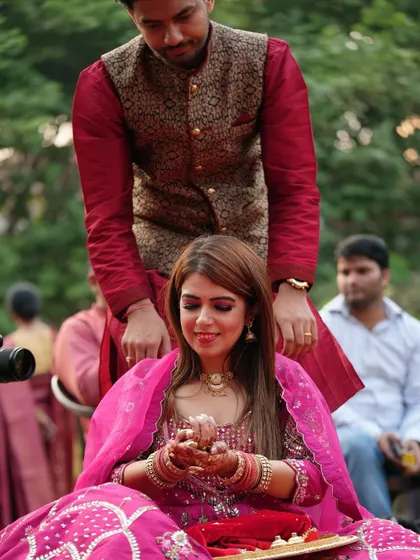 The couple sharing a happy moment during their first Karwa Chauth celebration.