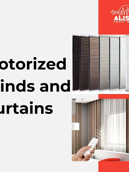 I offer a complete range of motorized blinds and curtains to fit any interior style. This graphic shows some of the options available, all of which can be controlled via remote, app, or voice.