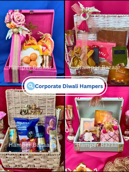A collage showcasing the variety in our corporate Diwali hamper collection. We offer different styles, from wicker baskets to luxe trunk boxes, all filled with a mix of gourmet snacks and festive treats.