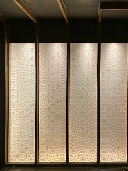 A prototype of the backlit Chikankari panels for the Lucknow penthouse. This test allowed us to study the quality of light and the visibility of the embossed pattern before final installation, ensuring the desired atmospheric effect.