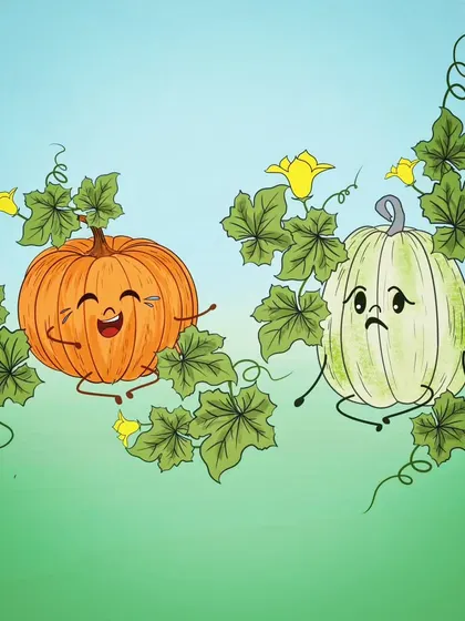 A whimsical digital illustration I created for a client's storybook. The scene features a happy pumpkin and a sad pumpkin, designed with expressive faces and leafy vines to bring the characters and their emotions to life.