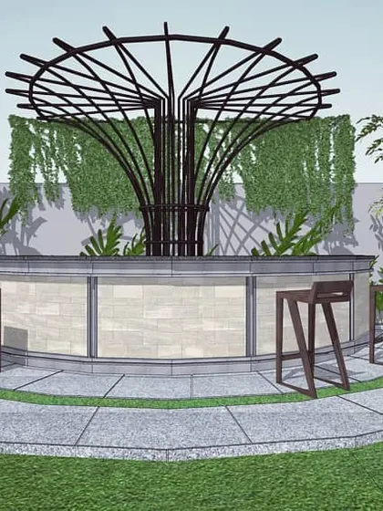 A close-up of the sculptural outdoor bar designed for Retreat Villa 90. This feature acts as a centerpiece for the entertainment area, combining natural stone with a dramatic, artistic metal canopy.