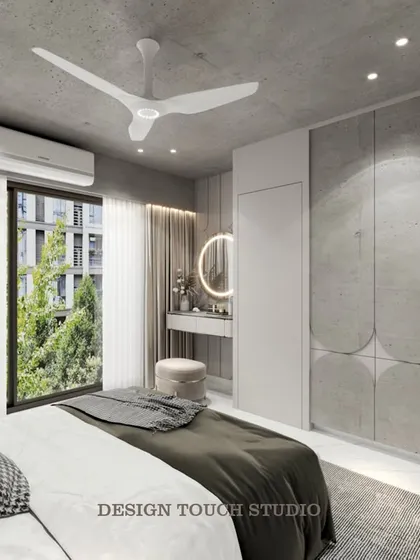 A render showing the custom wardrobe with its unique curved-edge detailing, which adds a soft, sculptural element to the room.