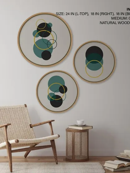 A playful set of three circular prints with overlapping geometric circles in shades of teal, yellow, and black. The "Unending Bond" series adds a pop of modern, abstract color to any wall.