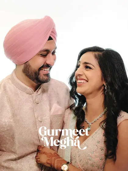 A happy and bright portrait of a newly engaged Sikh couple, their smiles telling the story of their new beginning.