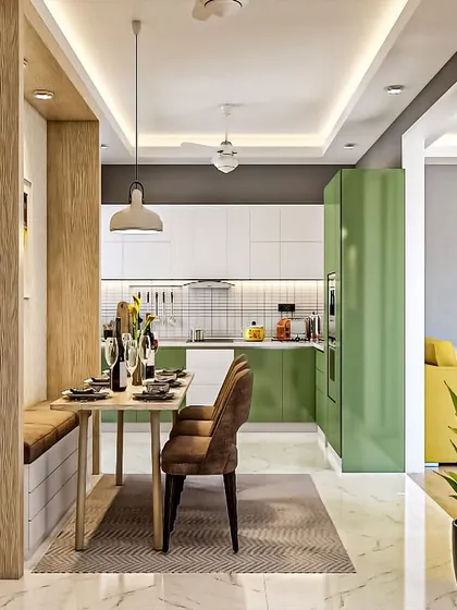 A cozy and clever dining nook integrated with the kitchen. The built-in bench seating is a great space-saver, and the design flows seamlessly into the fresh green and white kitchen.