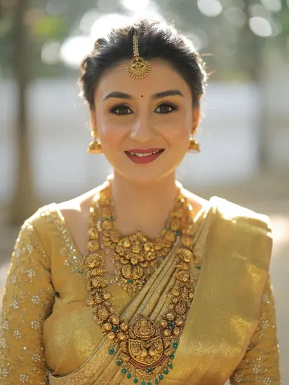 A close-up of my gorgeous South Indian bride. Her makeup features a flawless base, defined eyes, and a warm lip color that perfectly complements her golden Kanjeevaram saree and antique temple jewellery.