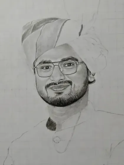 A work-in-progress shot of the Rajasthan commission, with the face fully rendered and the body outlined.