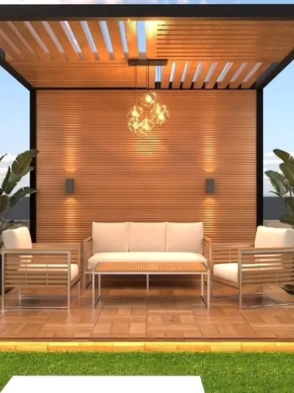 A minimalist pergola design concept. The clean lines of the black metal frame and light wood create a modern and elegant seating area, complemented by patterned floor tiles.