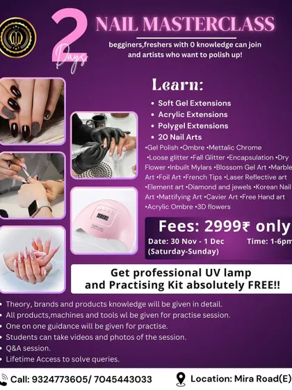This poster for my 2-day nail masterclass is for beginners and existing artists who want to polish their skills. It outlines the 20 nail art techniques you will learn, from metallic chrome and blossom gel to 3D flowers and Korean nail art.