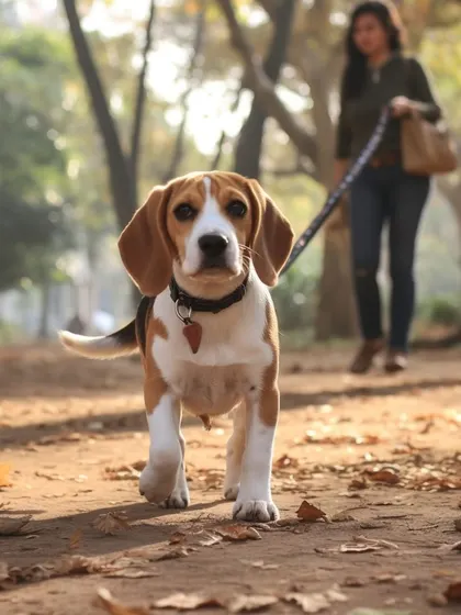 This curious Beagle puppy is confidently leading the way on his morning walk. We tailor the pace and distance to suit each dog's energy level.