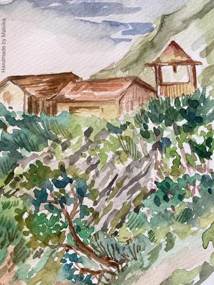 A detailed crop of my Tirthan Valley watercolor, focusing on the traditional Himachali house and the texture of the surrounding bushes. It shows the fine details that bring the scene to life.