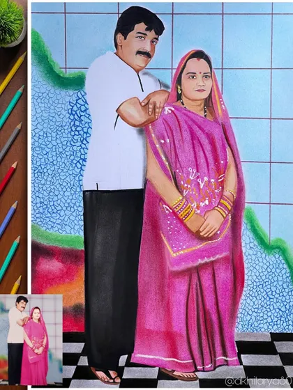 An A3 size colored pencil portrait that brings an older photograph back to life. The colors add a new layer of warmth to a cherished memory for the couple.