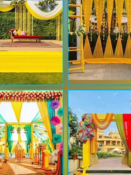 A collage showcasing the variety of Haldi decoration styles we offer, from simple drape backdrops to elaborate floral arrangements and resort setups.
