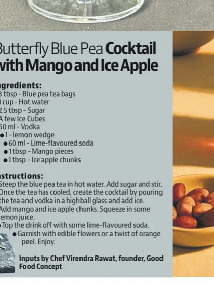 A close-up of our recipe feature in HT City for the Butterfly Blue Pea Cocktail with Mango and Ice Apple.