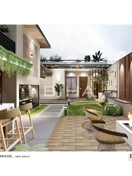 A comprehensive view of our "102 Terrace" project design, illustrating how different functional zones connect. This perspective shows the flow from the indoor space to the outdoor bar, fire pit lounge, and green areas, creating a cohesive and expansive living environment.